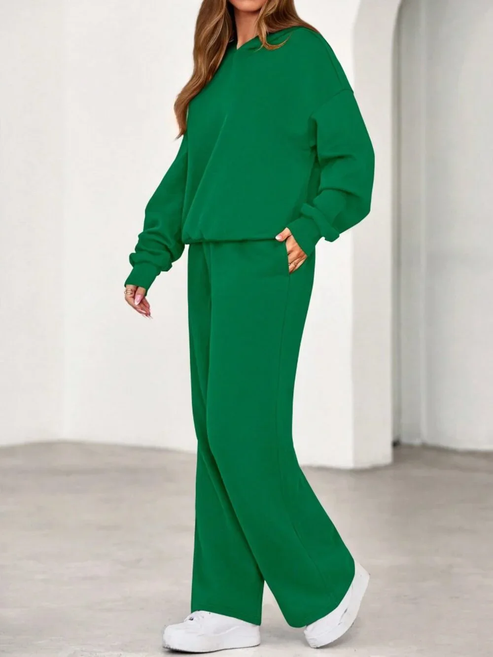 Green Casual Women's Long Sleeve Oversized Loose Wide Leg Sweat Set